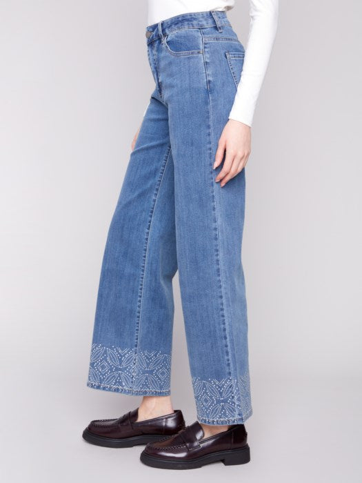 Charlie B Medium Blue Wide Leg Jeans With Studded Hem