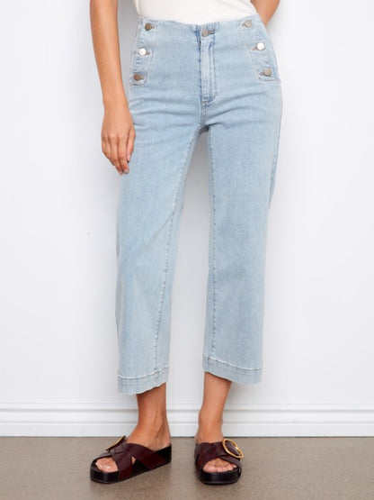 Charlie B cropped wide leg jeans highlighting airy fabric and chic side buttons, great for layering for church, vacation, or outdoor events