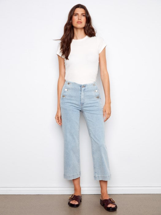 Front view of Charlie B women’s cropped wide leg jeans with side buttons, perfect for church or casual spring outings