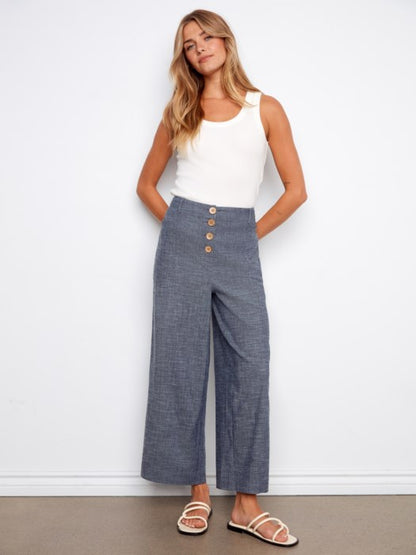 Charlie B Indigo Stretch Linen Wide Leg Button-Front Pants