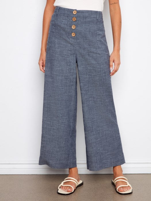 Charlie B Indigo Stretch Linen Wide Leg Button-Front Pants