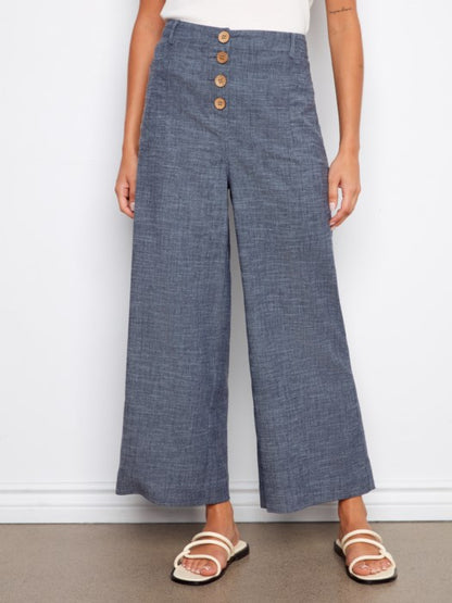 Charlie B Indigo Stretch Linen Wide Leg Button-Front Pants