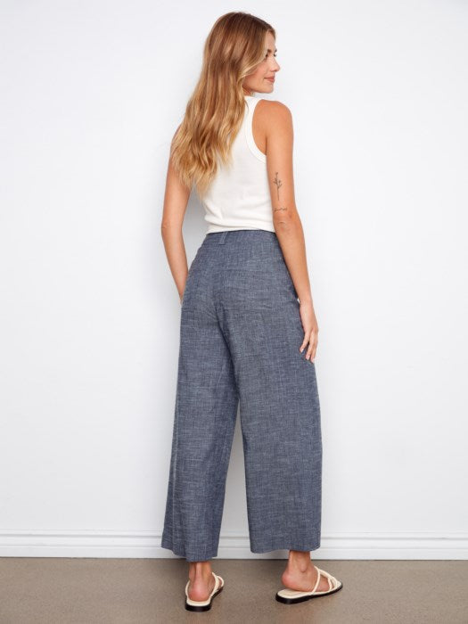 Charlie B Indigo Stretch Linen Wide Leg Button-Front Pants