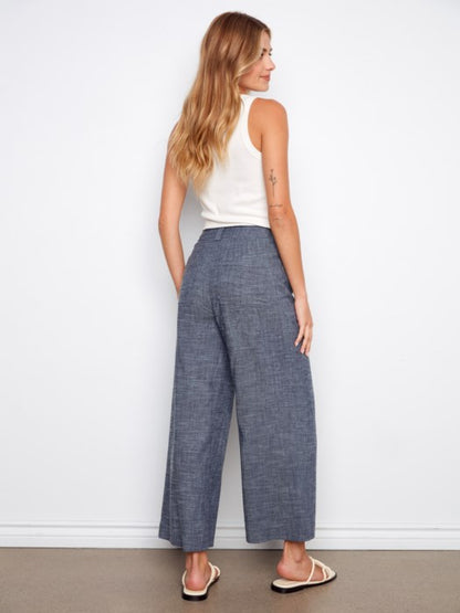 Charlie B Indigo Stretch Linen Wide Leg Button-Front Pants
