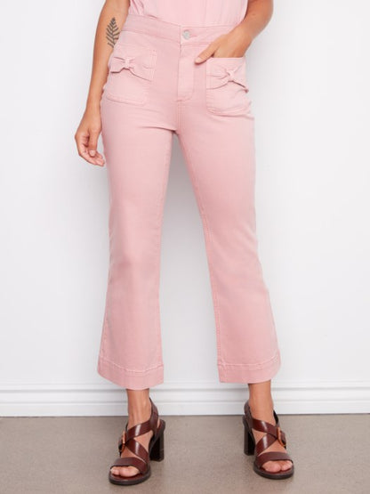 Charlie B Peony Flare Twill Pants With Bow Patch Pockets