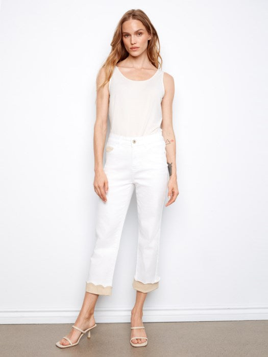 Charlie B White Cropped Twill Jeans With Contrast Scallop Cuff