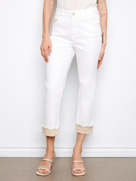 Charlie B White Cropped Twill Jeans With Contrast Scallop Cuff