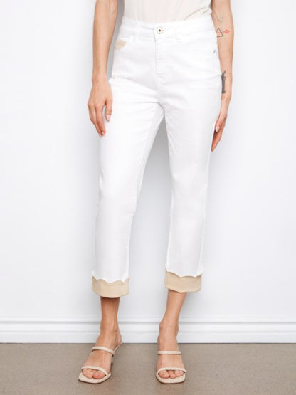 Charlie B White Cropped Twill Jeans With Contrast Scallop Cuff