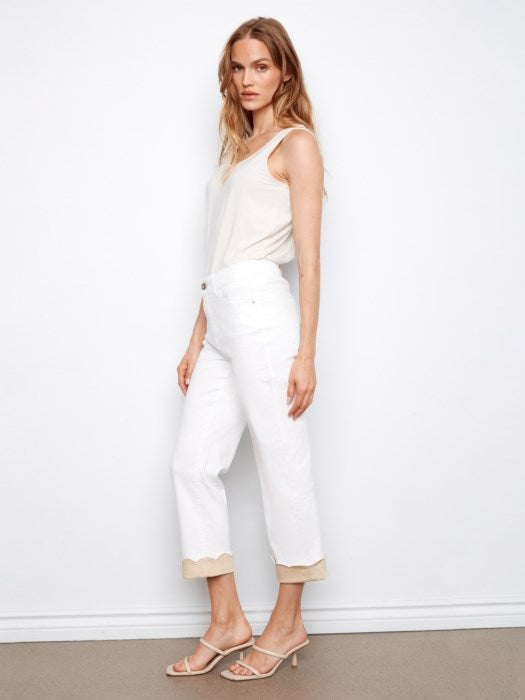 Charlie B White Cropped Twill Jeans With Contrast Scallop Cuff