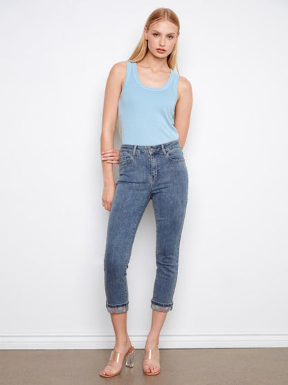 Charlie B Embroidered Cuff Cropped Slim Leg Jeans