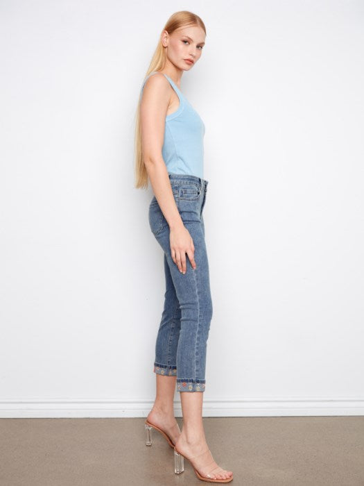 Charlie B Embroidered Cuff Cropped Slim Leg Jeans