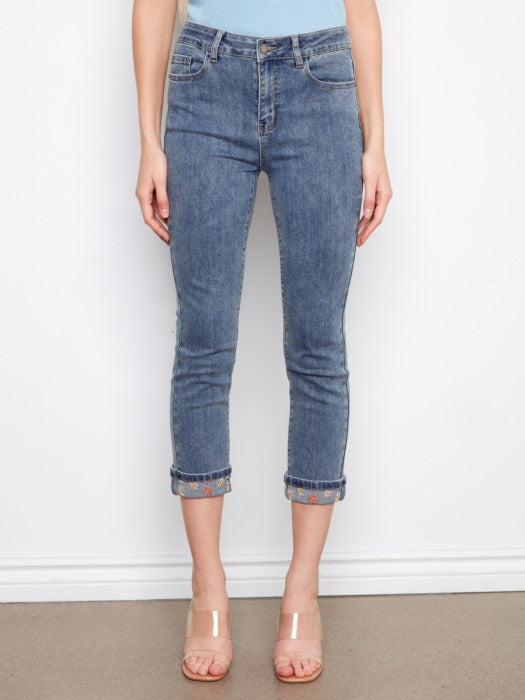 Charlie B Embroidered Cuff Cropped Slim Leg Jeans