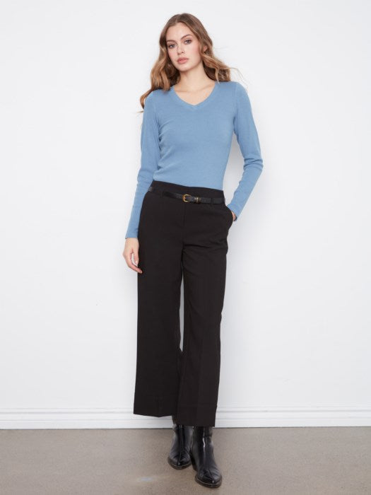 Black women's belted wide leg crepe pants with cropped length and slash pockets
