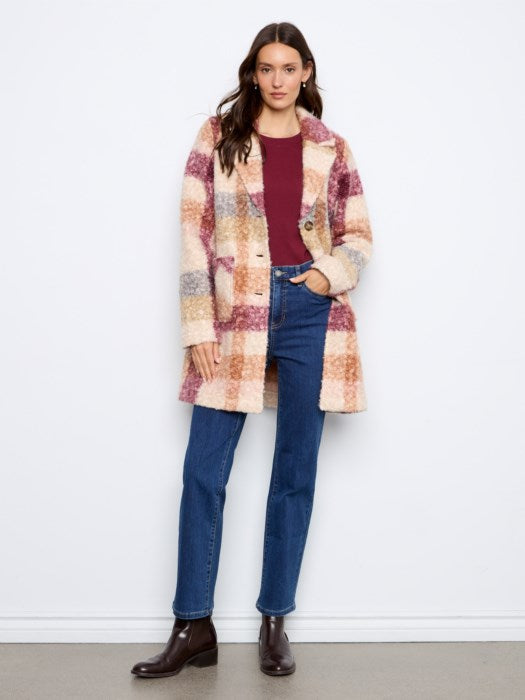 Women's plaid bouclé knit coat with tailored collar and patch pockets