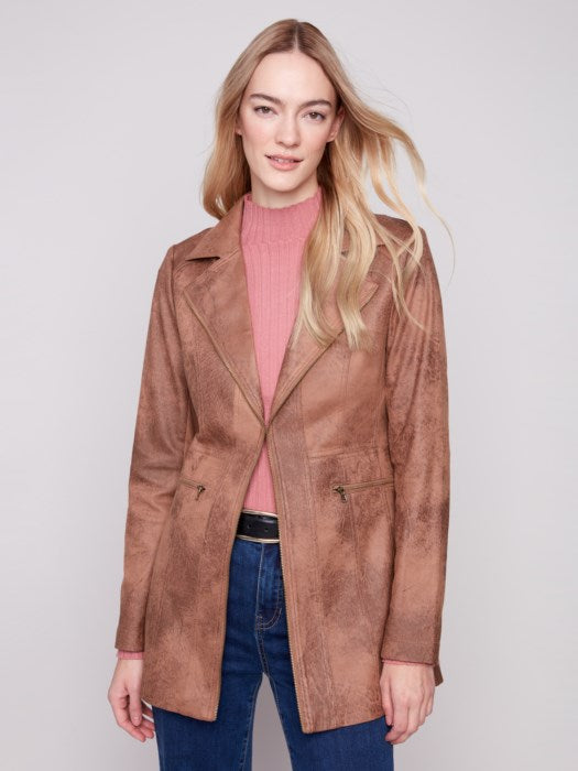 Charlie B Truffle Vintage Texture Faux Suede Long Jacket