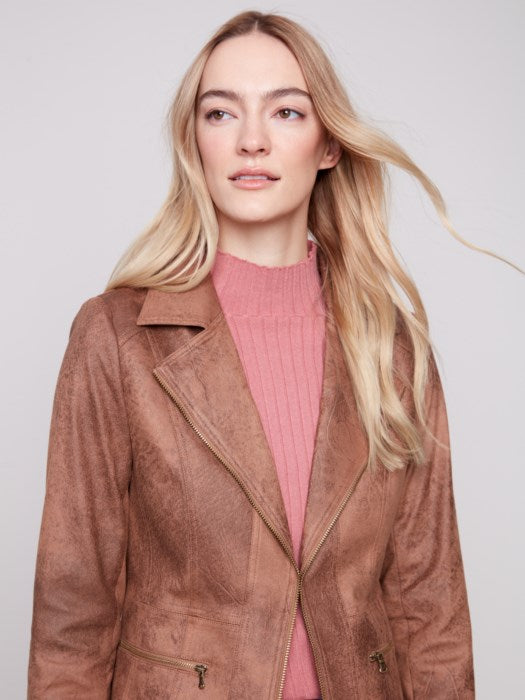 Charlie B Truffle Vintage Texture Faux Suede Long Jacket