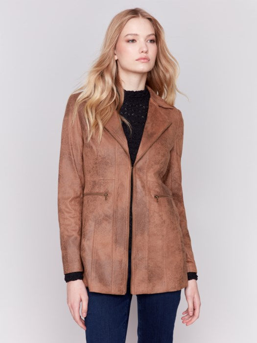 Charlie B Vintage Texture Faux Suede Long Jacket With Zipper Details And Pockets