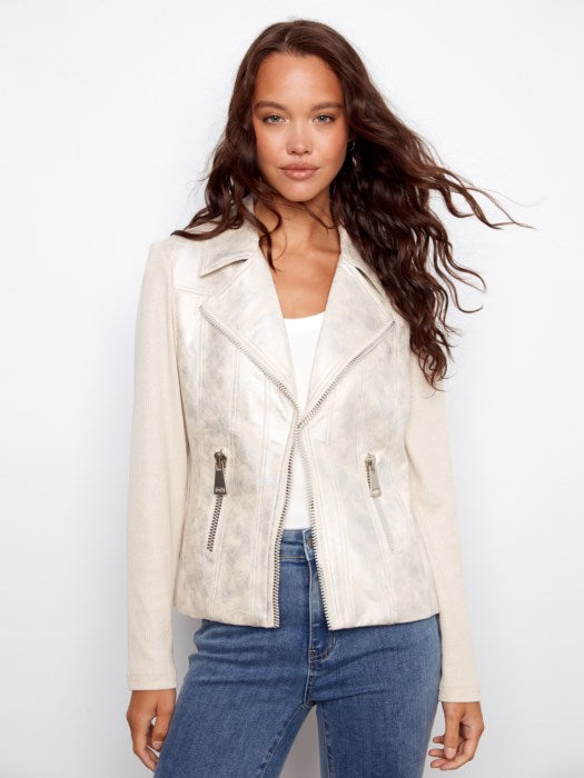 Charlie B Pearl Foiled Faux Leather and Rib Knit Jacket