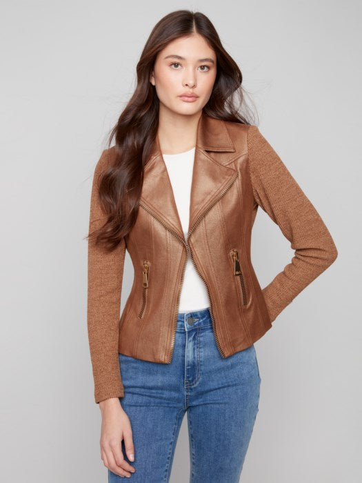 Charlie B Copper Vintage Metallic Faux Leather And Rib Knit Jacket
