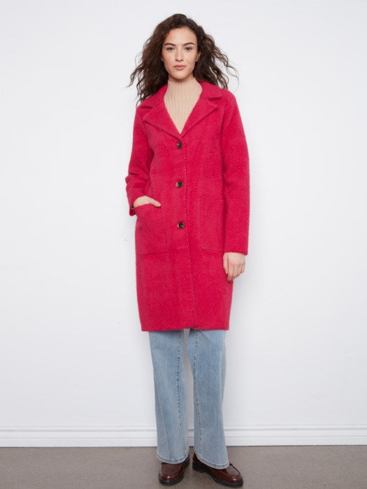 Charlie B cherry knit coatigan with button front and patch pockets