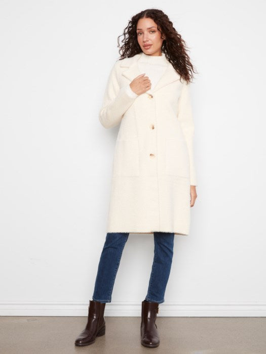 Charlie B ecru knit coatigan with button front and patch pockets