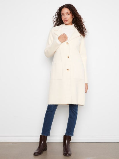 Charlie B ecru knit coatigan with button front and patch pockets