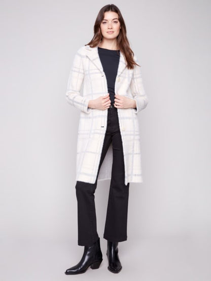 Charlie B Ivory Long Plaid Knit Coatigan