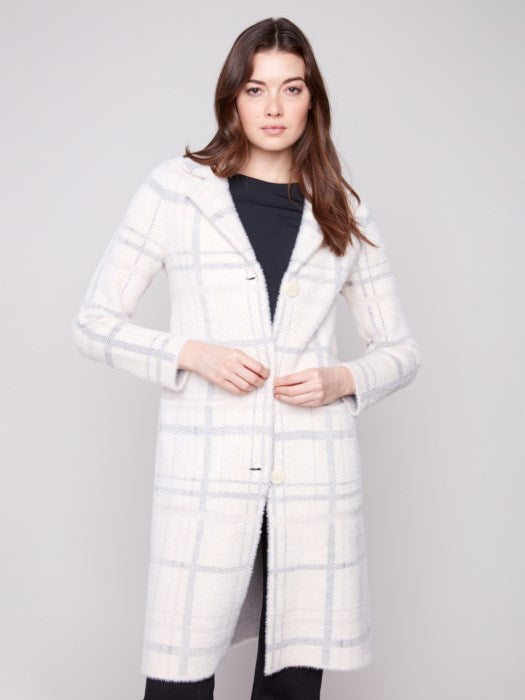 Charlie B Ivory Long Plaid Knit Coatigan