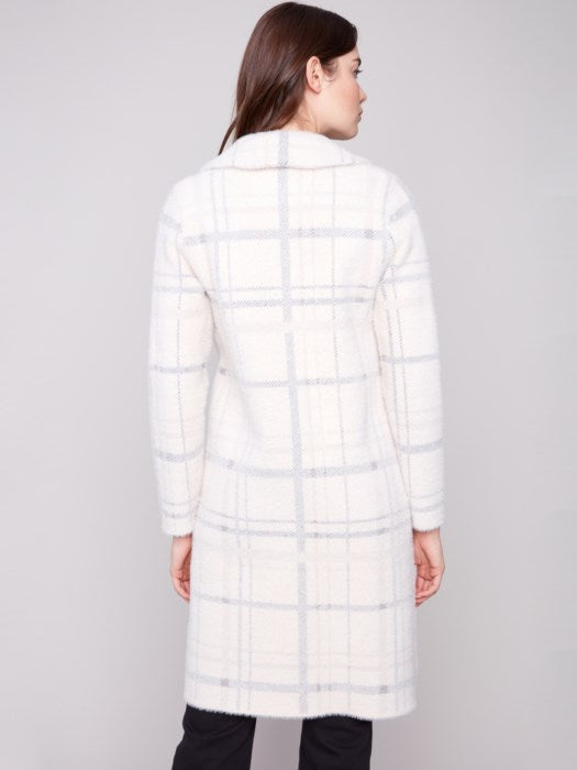 Charlie B Ivory Long Plaid Knit Coatigan
