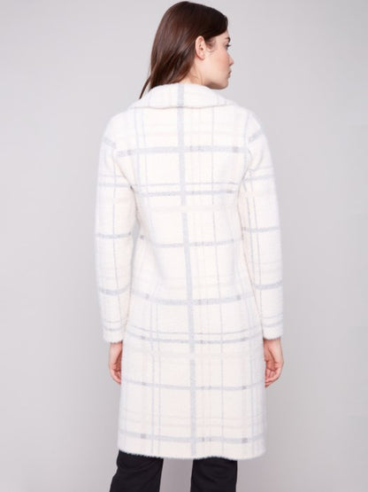 Charlie B Ivory Long Plaid Knit Coatigan