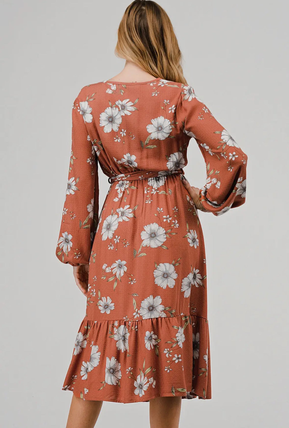 V-neck Long Sleeve Floral Dress - Rust