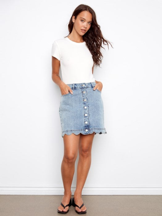 Charlie B light blue scalloped hem denim skort for women, modest boutique denim skort with shorts, affordable Charlie B fashion below retail price, feminine summer skort for church and casual wear