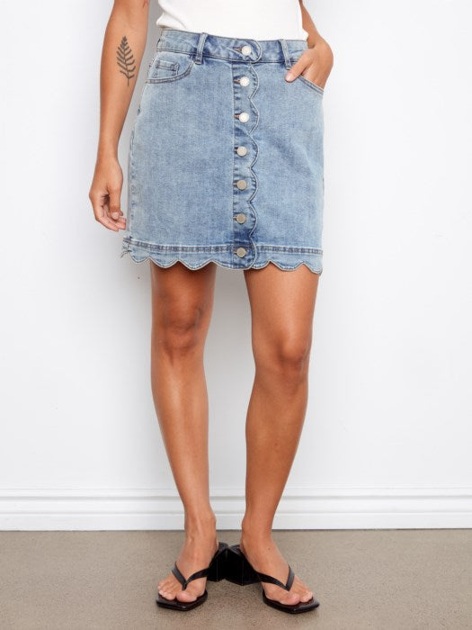 Charlie B Light Blue Scalloped Hem Button-Front Denim Skort