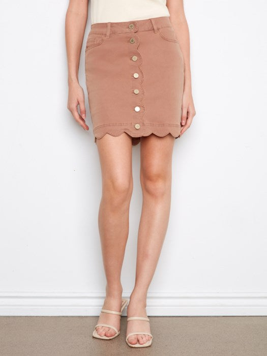 Charlie B desert colored twill scalloped hem skort for women, modest boutique button front skort with shorts, affordable Charlie B fashion below retail price, feminine summer church outfit skort for women 30-60