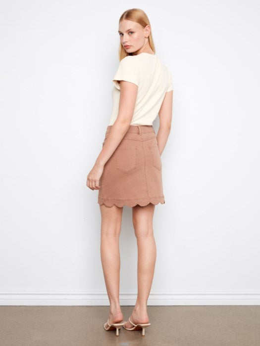 Back View of Charlie B desert colored twill scalloped hem skort for women