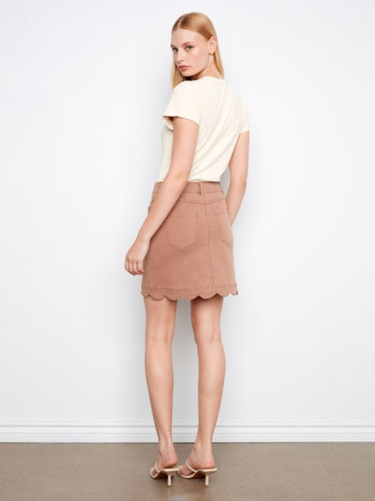 Back View of Charlie B desert colored twill scalloped hem skort for women