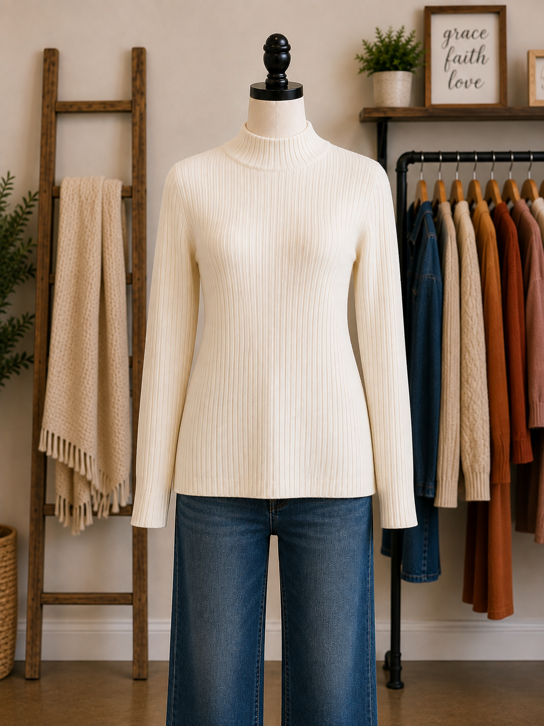 Charlie B Basic Ribbed Knit Mock Neck Sweater