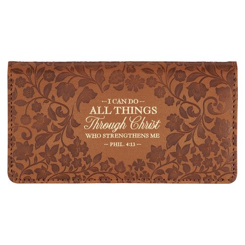 All Things Honey-brown Faux Leather Checkbook Wallet - Philippians 4:13