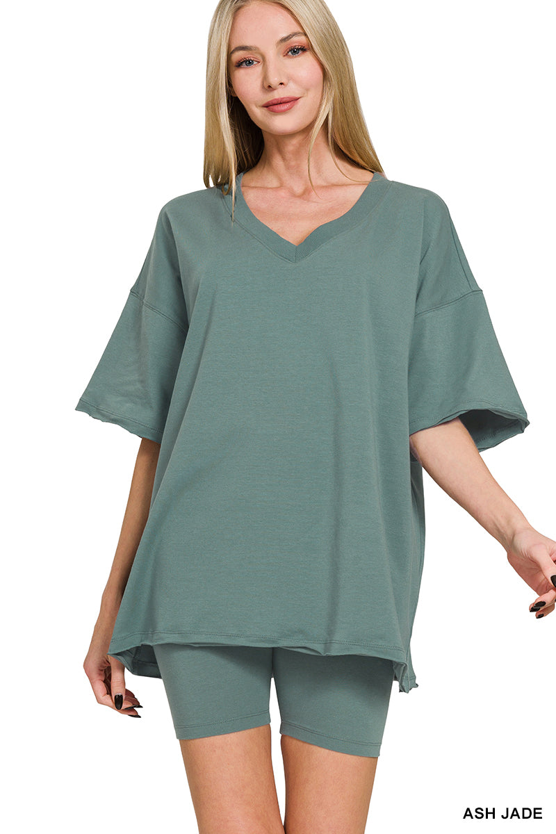 Zenana Biker Shorts Set for Women S-3X – Cotton V-Neck Top & Lounge Set