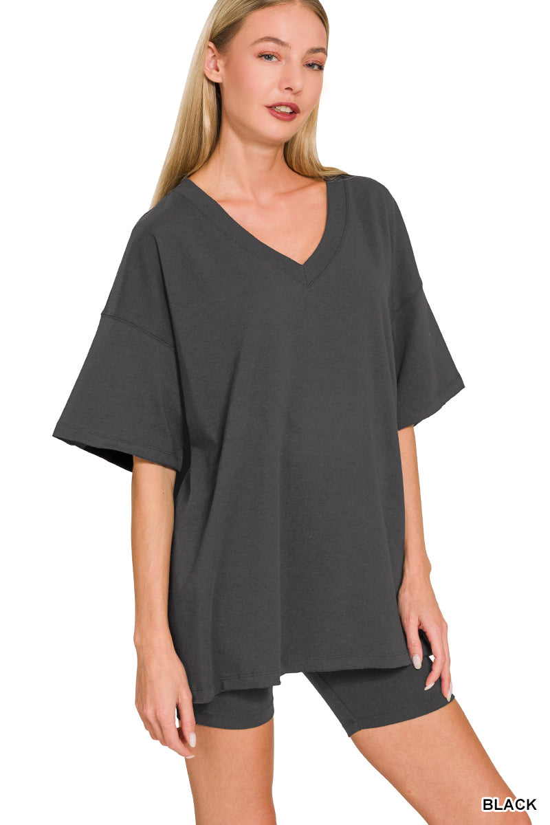 Zenana Biker Shorts Set for Women S-3X – Cotton V-Neck Top & Lounge Set
