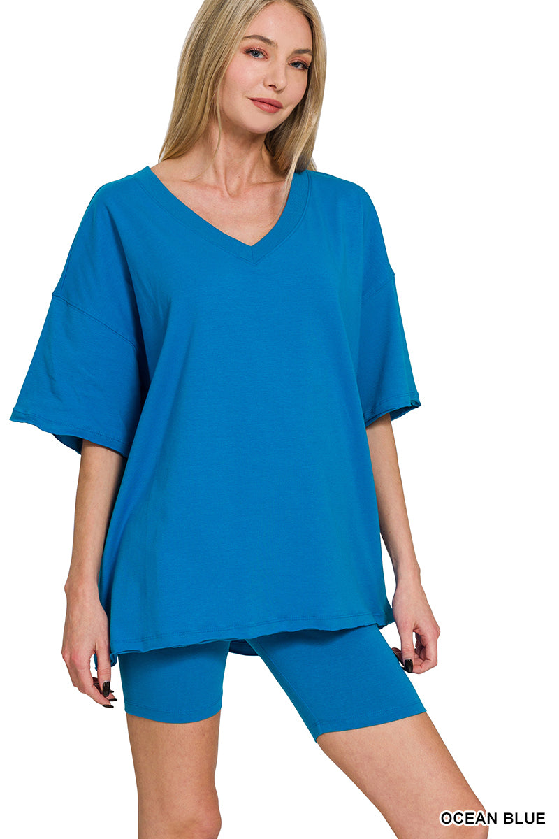 Zenana Biker Shorts Set for Women S-3X – Cotton V-Neck Top & Lounge Set