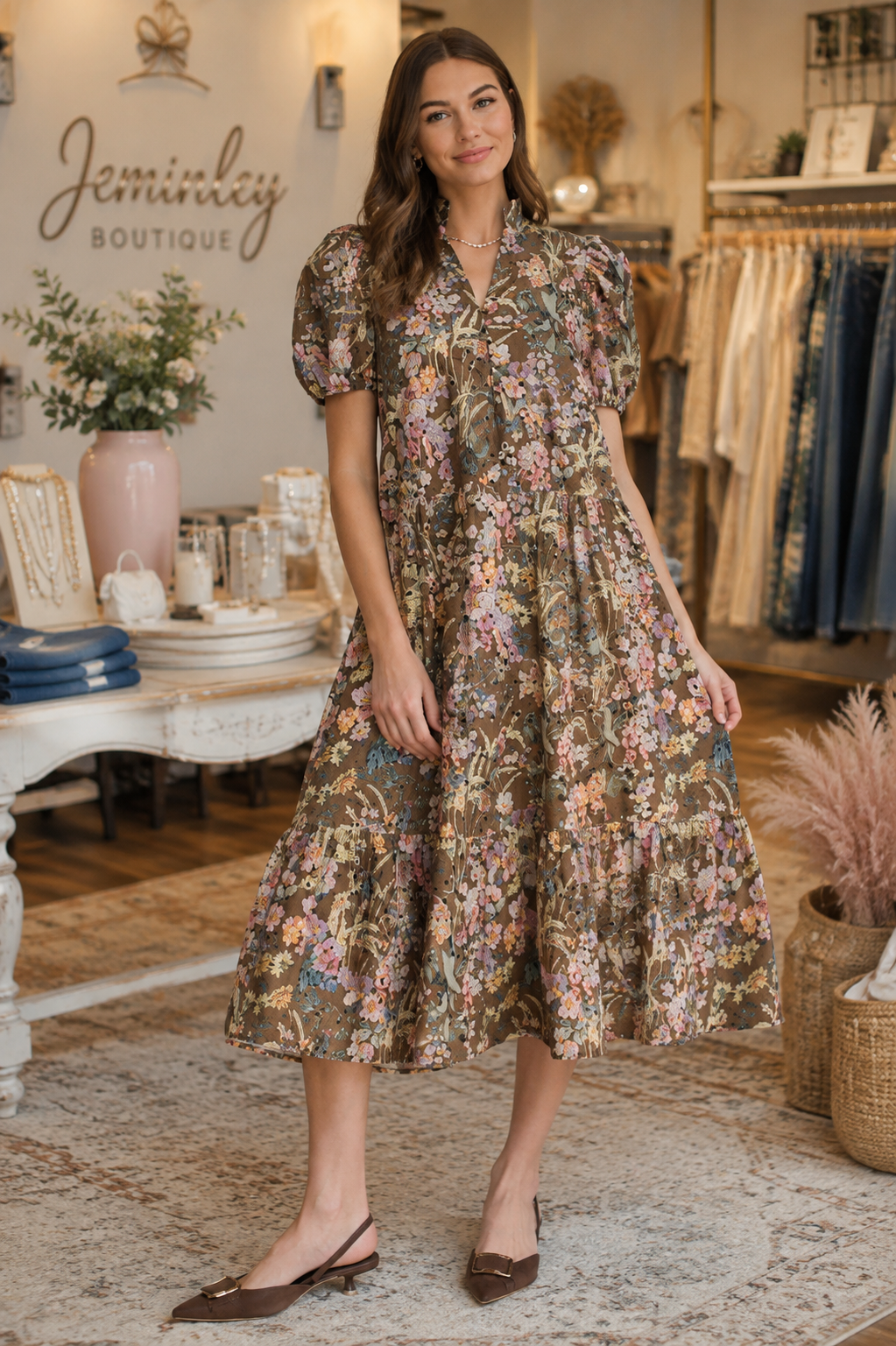 Plus size floral eyelet midi dress with short puff sleeves, ruffled collar, V-neck, button-front closure, and side pockets.