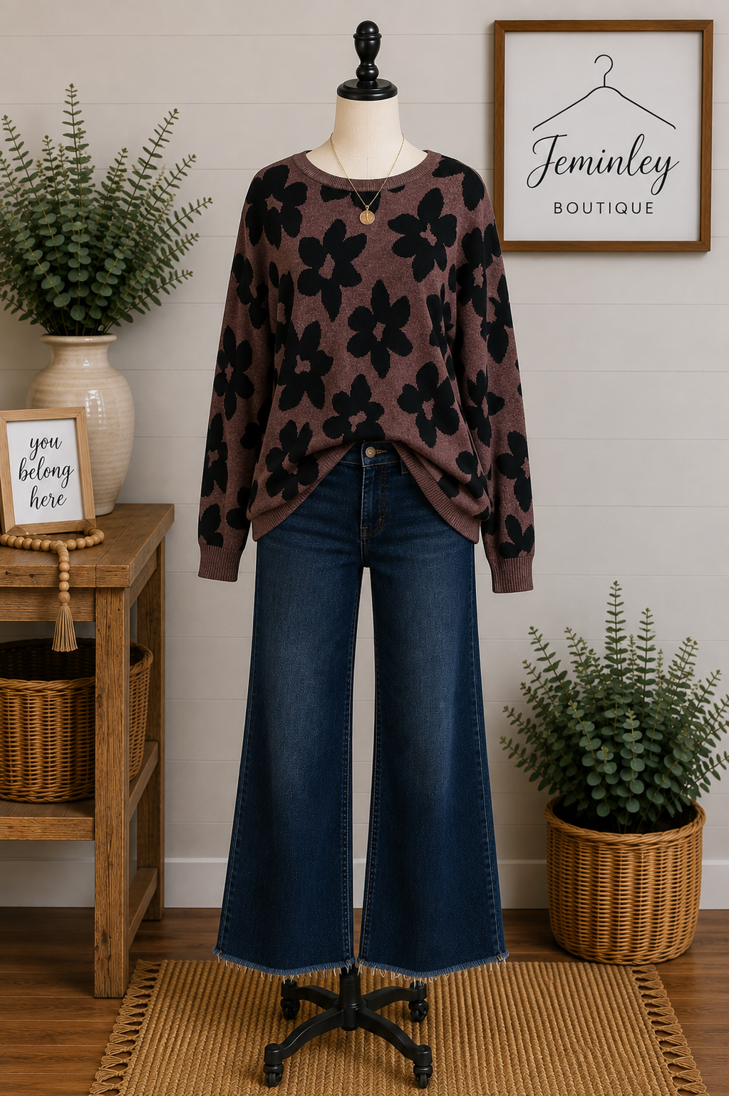 Keren Hart Espresso Long Sleeve Sweater with Black Flowers