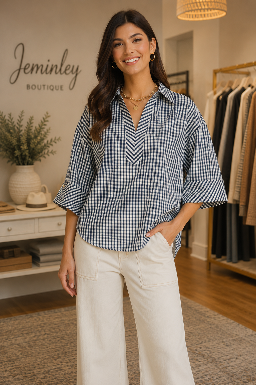 Navy and white gingham Entro boutique top available in Missy and Plus Sizes with 3/4 sleeves, V-neck collar, and button cuffs.