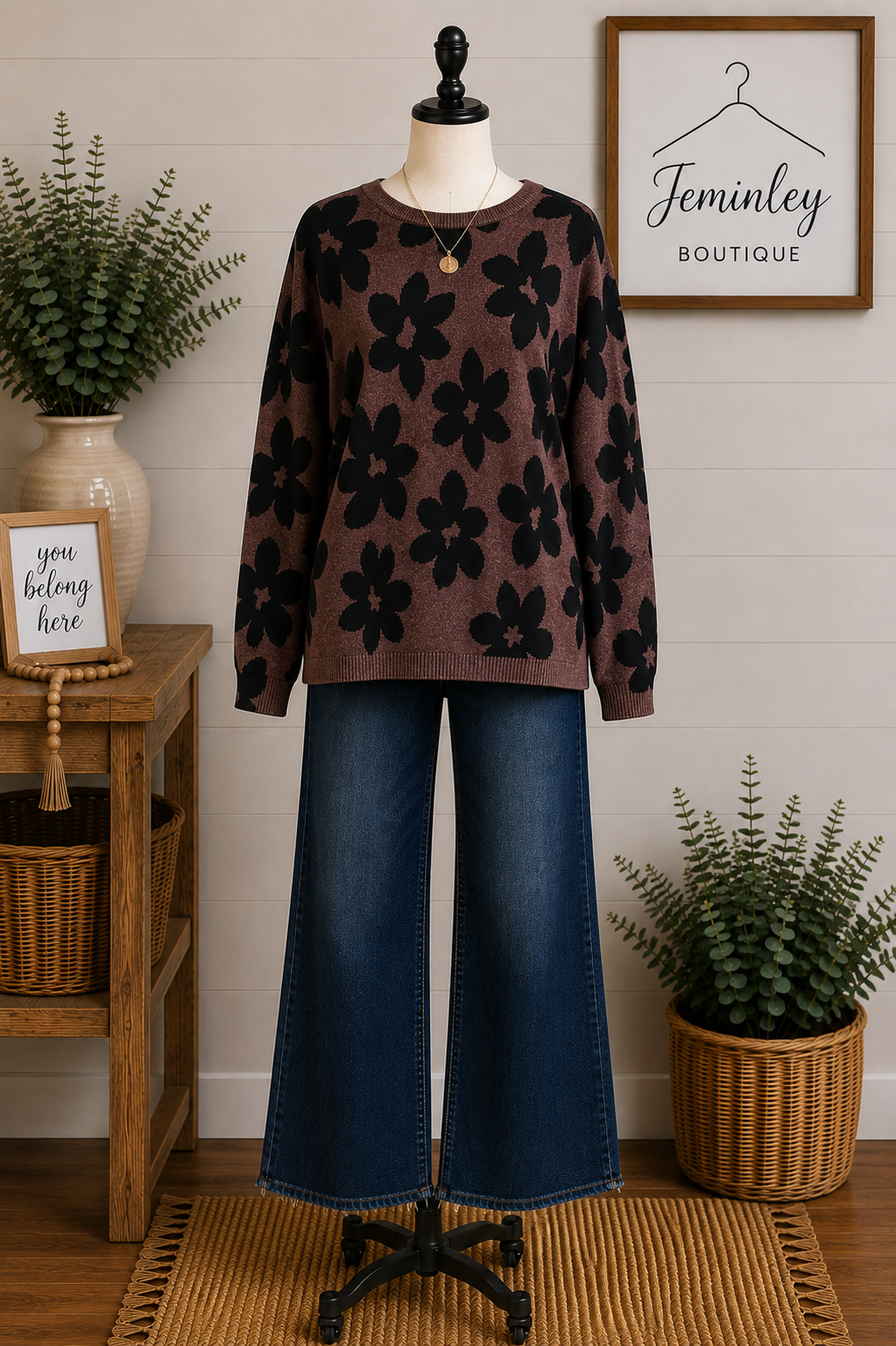Keren Hart Espresso Long Sleeve Sweater with Black Flowers