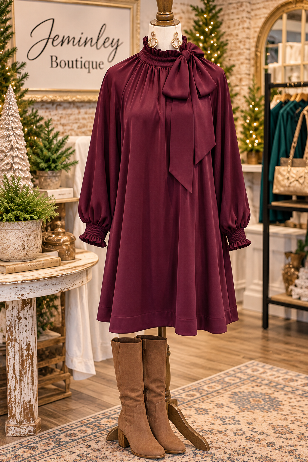 Umgee plum satin mini dress with ruffle mock neckline, adjustable side tie, and long balloon sleeves