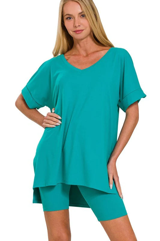 Turquoise microfiber v neck top and bikers shorts set