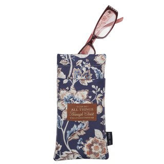 I Can Do All Things Honey-Brown and Navy Floral Faux Leather Double Eyeglass Case - Philippians 4:13