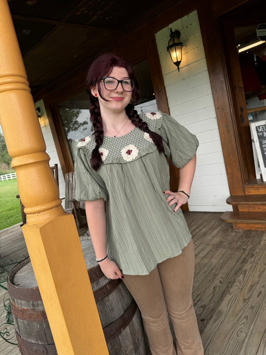 Short Balloon Sleeve top with Embroidered Flowers at Neckline - Olive