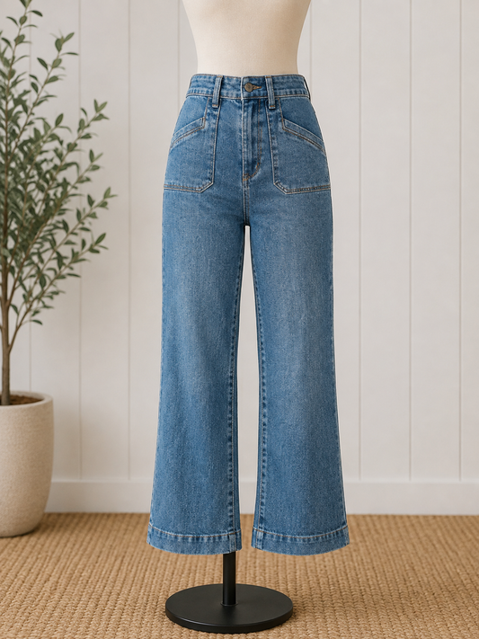 Charlie B Cropped Wide Leg Stretch Denim Pants with Patch Pockets
